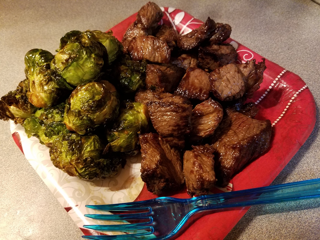Brussels sprouts and sirloin steak bites, deep fried in home rendered