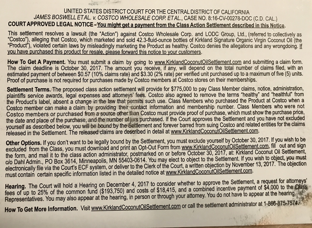 Costco Coconut Oil Class Action Law Suit Ketogenic Forums