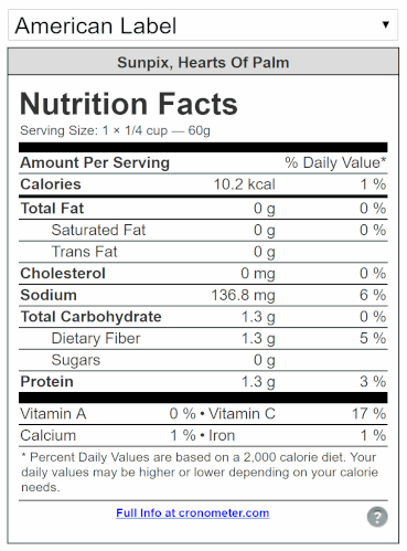 Sunpix Hearts of Palm Nutrition Facts